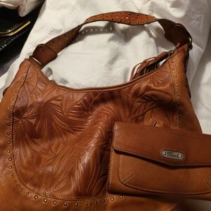 Fossil Brown Embossed Hobo Bag with Studded Strap